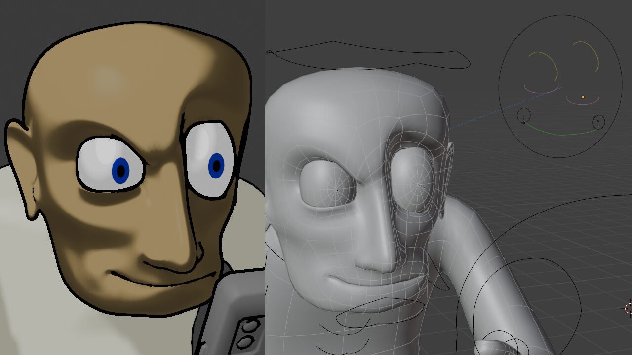 Toon rendered mean face next to screen capture of wireframe with face rig