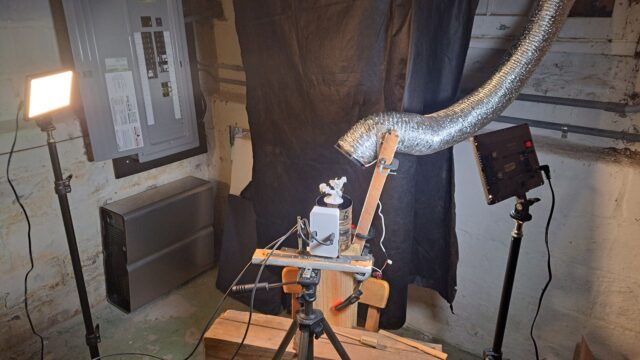 Basement studio setup with stereo webcams and LED lights.