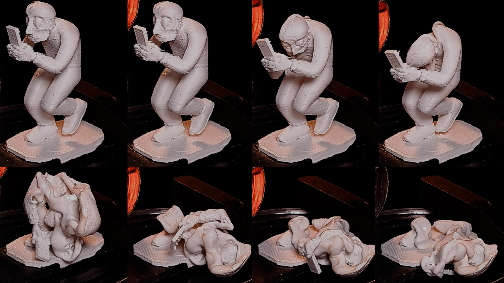 Eight stages of a 3D print melting