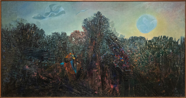 Painting of what might be a forest with many hidden birds. In the sky there is what may be a moon, a bird and something that somewhat resembles a turtle, all rendered in the same bluish tint, with that moon standing bout as it seems to be blocking an yellow light source in the blue sky