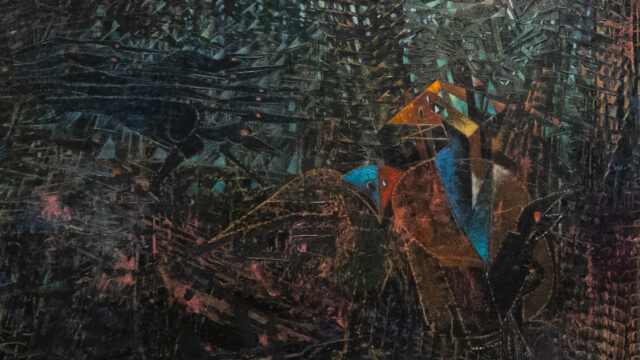 A closeup of the "forest" part of the painting showing several abstracted pointy bird like figures.