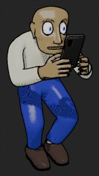 Stylized 3D render of character holding phone